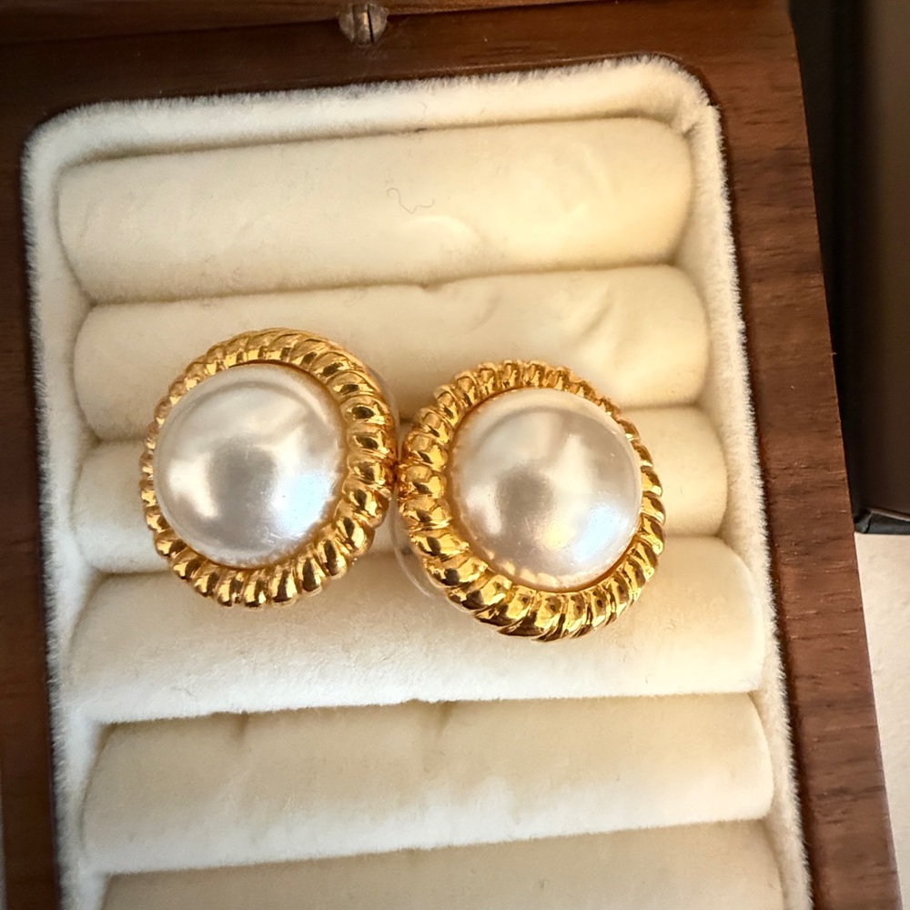 Kenneth Jay Lane Gold and White Pearl Earrings